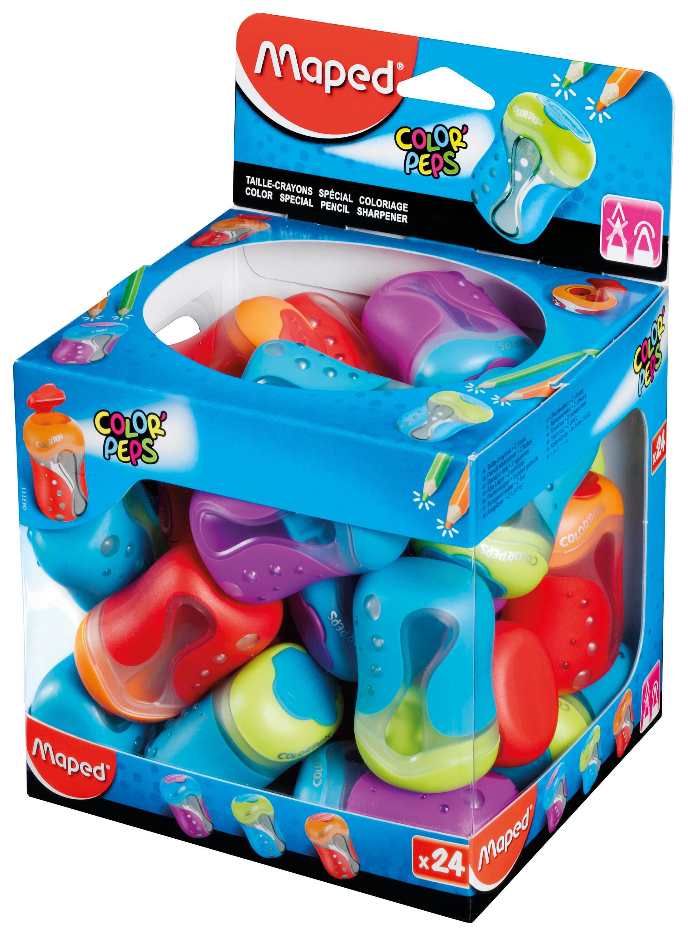 Maped Color'Peps 2-Hole Colored Pencil Sharpener, Assorted Colors, Pack of 24, Item Number 2005016