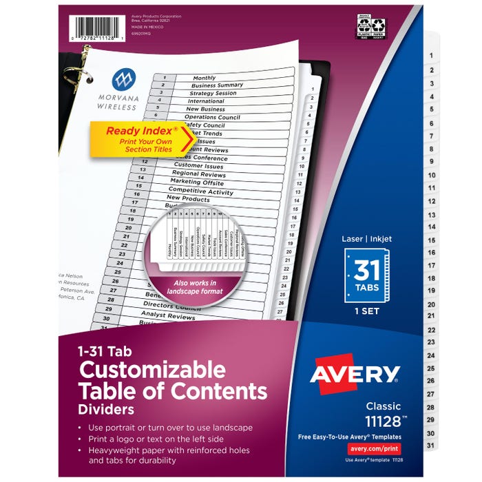 Avery Ready Index Dividers, 31 Tab, 1-31, Black/White, 1 Set