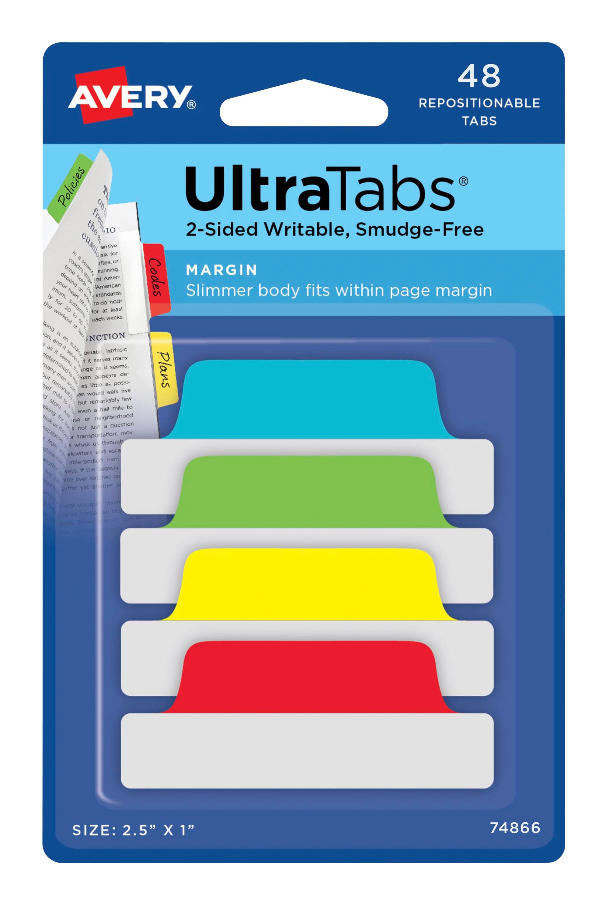 Avery Repositionable UltraTabs, 2-1/2 x 1 Inches, Assorted Primary Colors, Set of 48 2006220