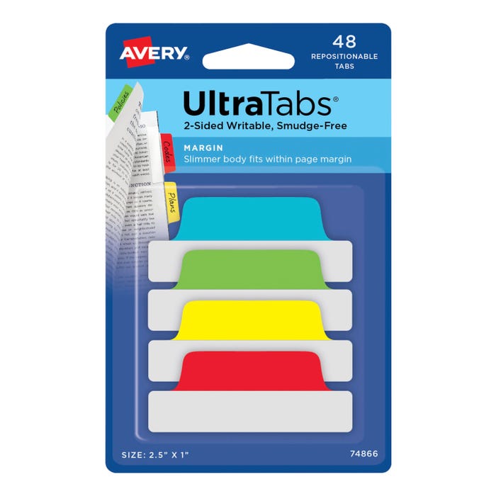 Avery Repositionable UltraTabs, 2-1/2 x 1 Inches, Assorted Primary Colors, Set of 48