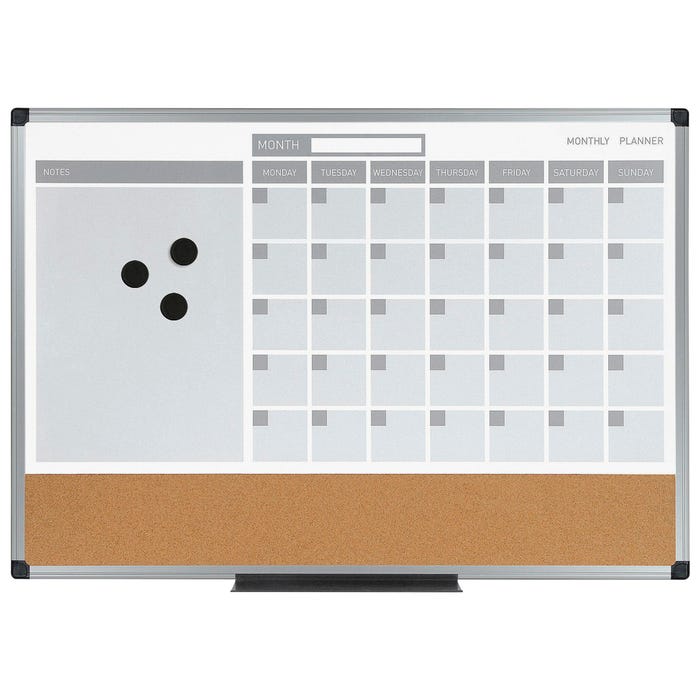 Bi-silque 3-in-1 Monthly Dry-erase Calendar Board - 3-In-1 Combo Monthly Calendar Board, Plastic, 36 x 24 Inches, White