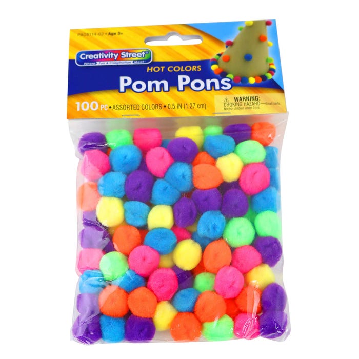 Creativity Street Mini Pom Pons, 1/2 Inch, Assorted Hot Colors, Set of 100