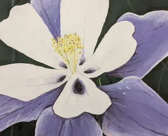 Acrylic painting of a white and purple flower.