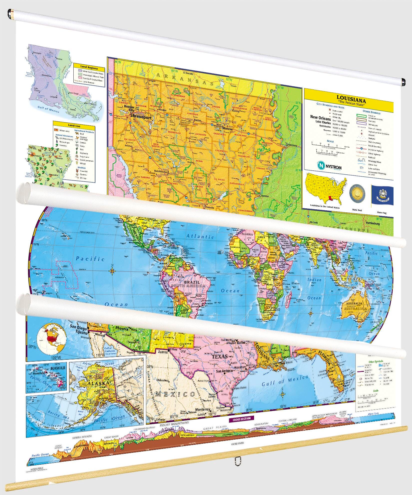 Social Studies LOUISIANA/U.S./WORLD MAP COMBO, Markable, Erasable, Grades 4-12, Item Number 1566307