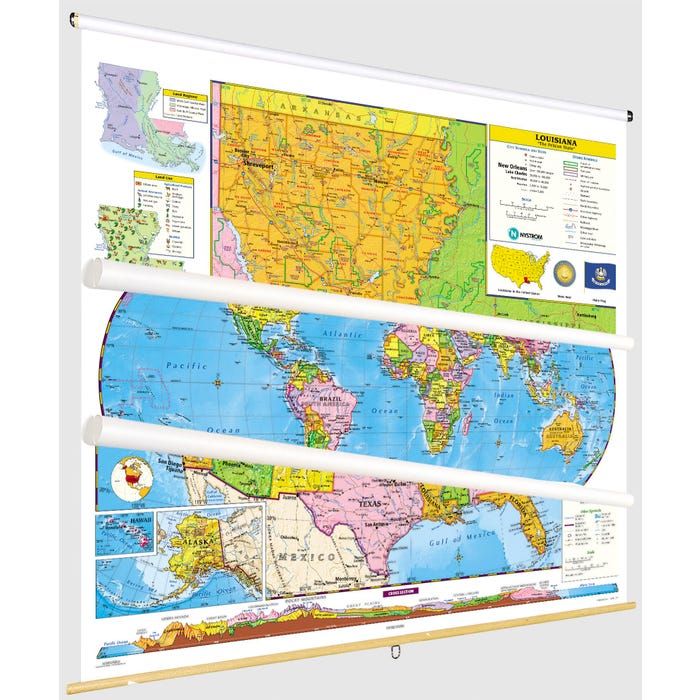 Social Studies LOUISIANA/U.S./WORLD MAP COMBO, Markable, Erasable, Grades 4-12