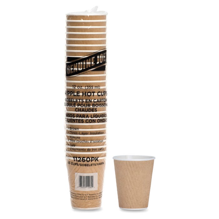 Genuine Joe 3-Layer Rippled Hot Cup, 12 oz, Brown, Pack of 25