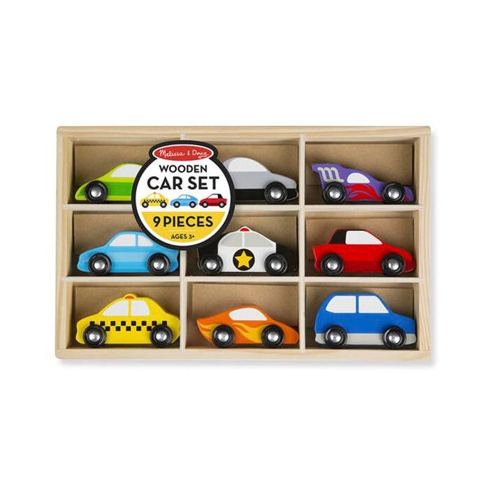 Melissa & Doug Wooden Car Set, 9 Pieces with Storage Tray