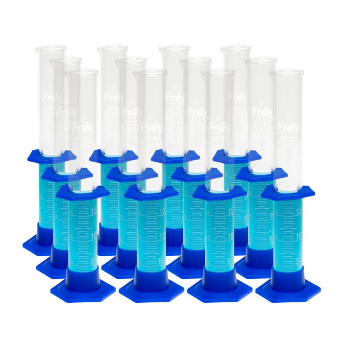 Frey Scientific Borosilicate Glass Cylinders with Plastic Bases, 25 mL, Pack of 12