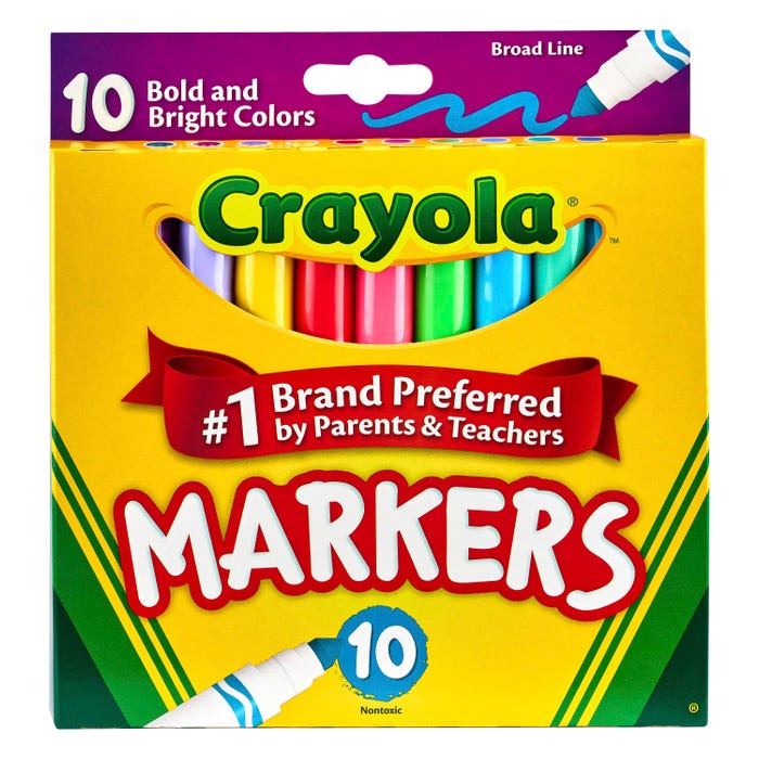 Crayola Markers, Broad Line, Assorted Bold and Bright Colors, Set of 10