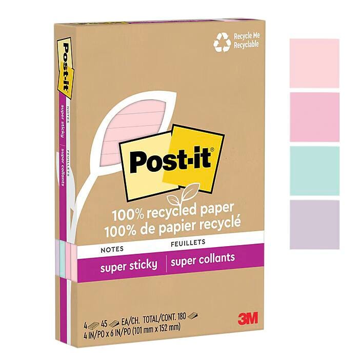Post-it Super Sticky Lined Recycled Notes, 45 Sheets, 4 x 6 Inches, Wanderlust Pastels, Pack of 4
