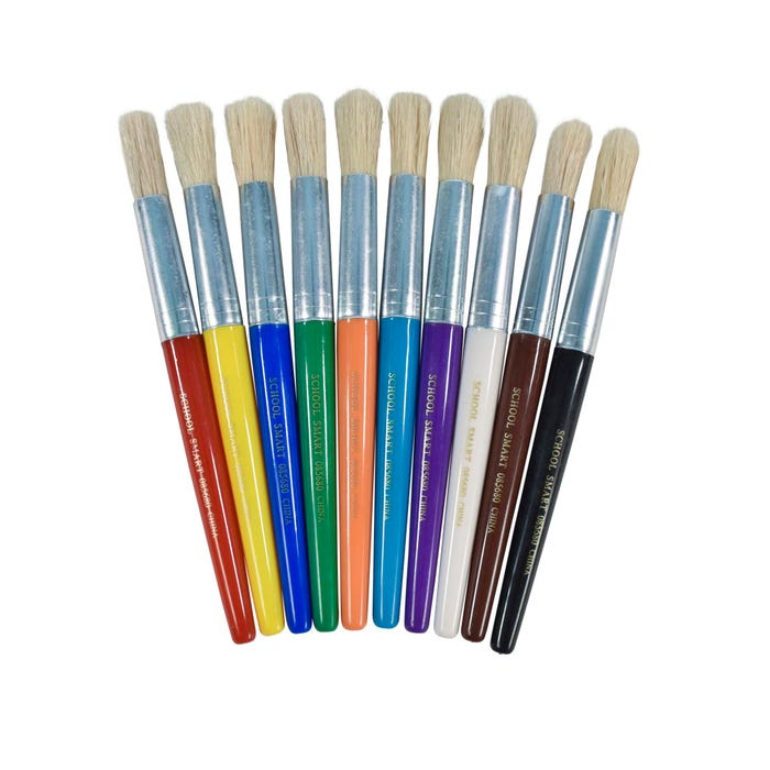 School Smart Stubby Plastic Handle Paint Brushes, 7-1/2 Inches, Assorted Colors, Set of 10