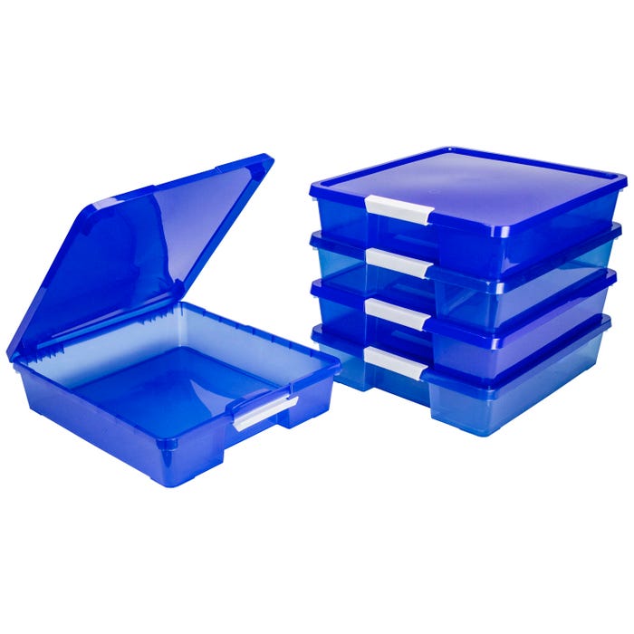 Storex Classroom Project Box, 13-1/4 x 15-1/4 x 3-1/4 Inches, Transparent Blue, Pack of 5
