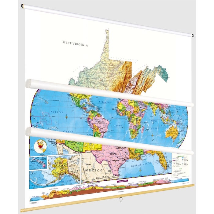 Social Studies WEST VIRGINIA/U.S./WORLD MAP COMBO, Markable, Erasable, Grades 4-12