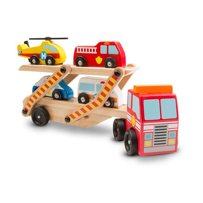 Melissa & Doug Emergency Vehicle Carrier, 4 Cars and 1 Transport Truck