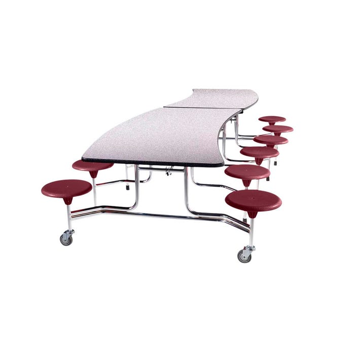 BioFit Afton Cafeteria Table with Stools, 10 Foot S-Shape, Gray Nebula Top, Burgundy Seat, Chrome Frame