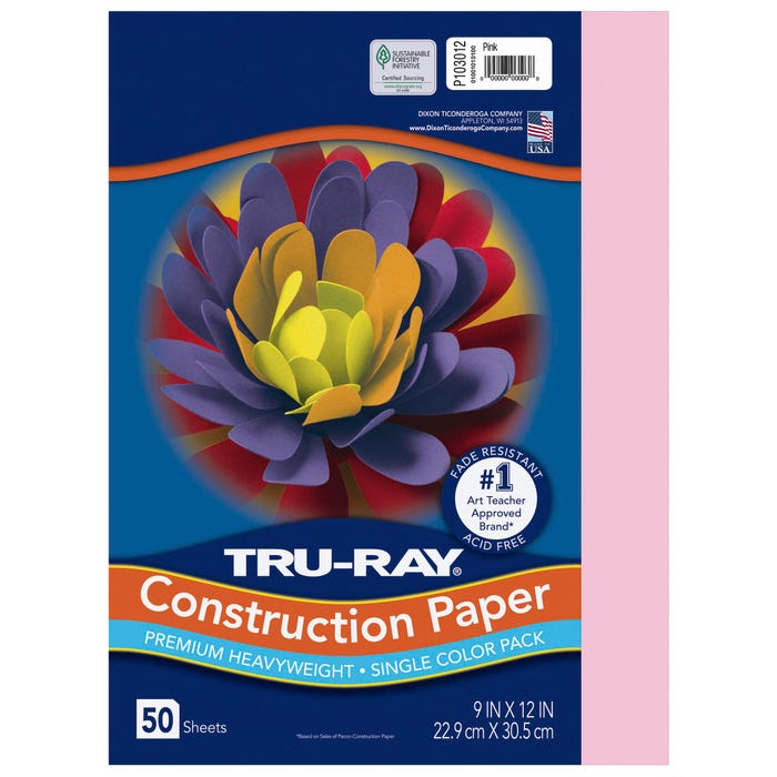 Tru-Ray Sulphite Construction Paper, 9 x 12 Inches, Pink, 50 Sheets