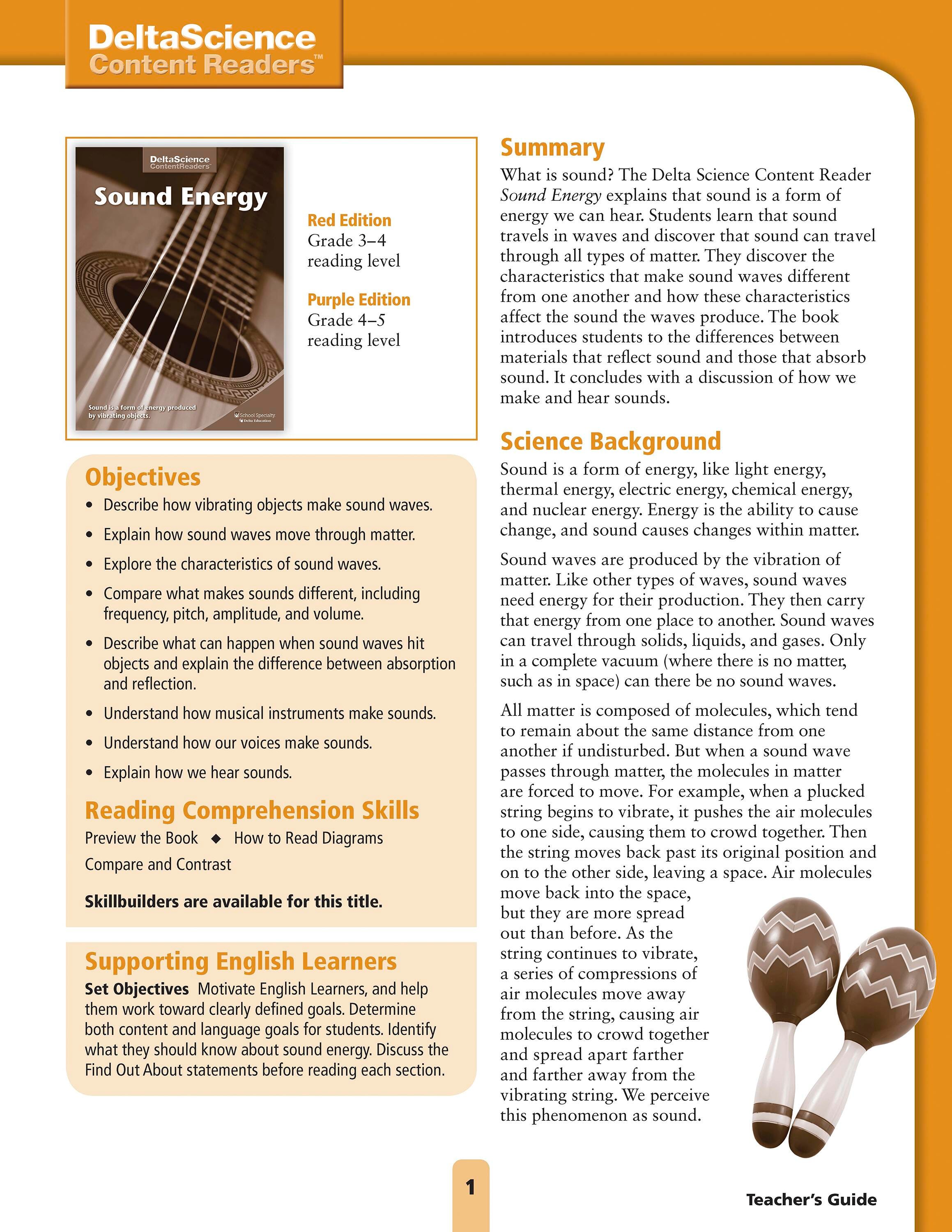 Delta Science Content Readers Sound Energy Red and Purple Teacher's Guide, Item Number 1278142
