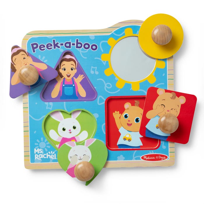 Melissa and Doug Ms. Rachel Wooden Peek-a-Boo Jumbo Peg Puzzle, 4 Pieces