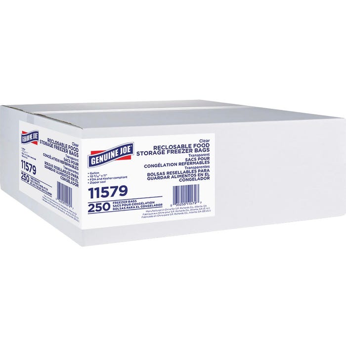 Genuine Joe Reclosable Freezer Storage Bags, 1-Gallon, 2.7mil, Pack of 250, CL
