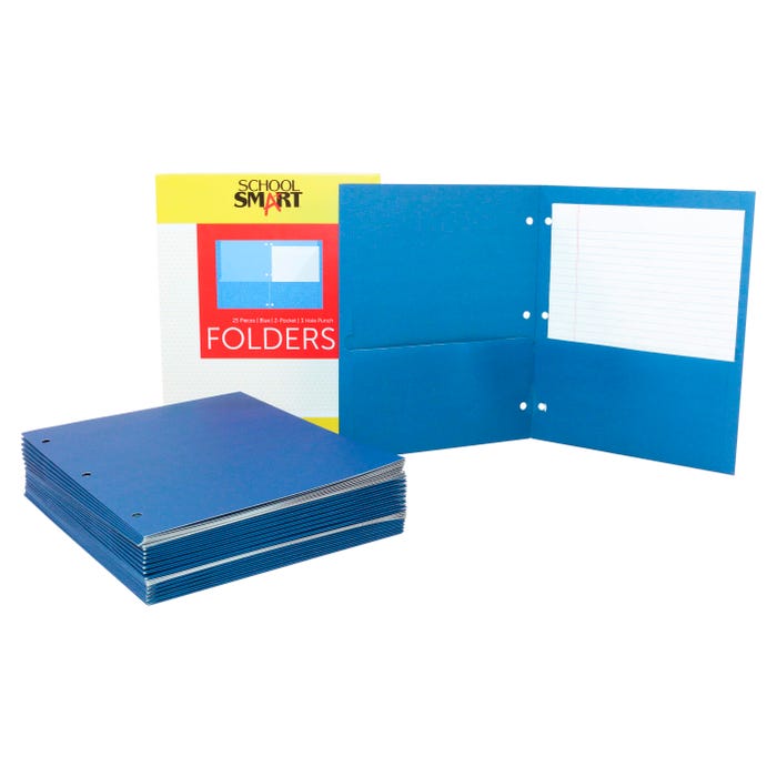 School Smart 2-Pocket Folders, Letter Size, 3 Hole Punched, Blue, Pack of 25
