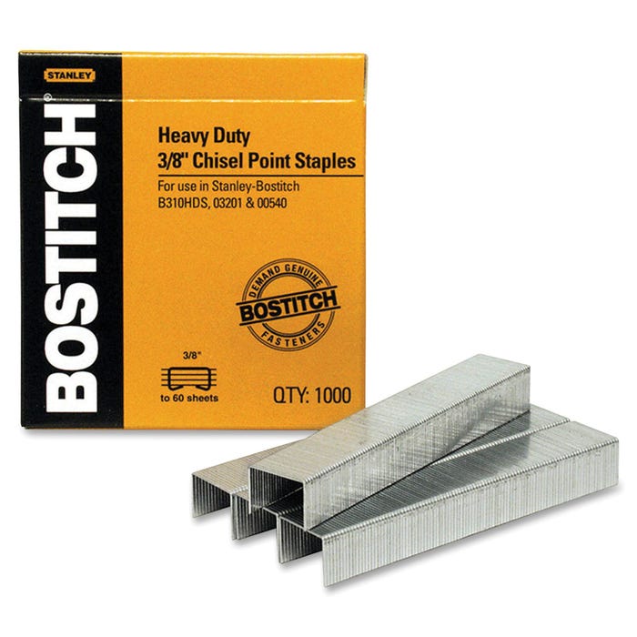 Stanley Bostitch Chisel Point Heavy Duty Staple, 1/2 Inch Crown, 3/8 Inch Leg, 25 - 55 Sheets, High Carbon Steel, Pack of 1000