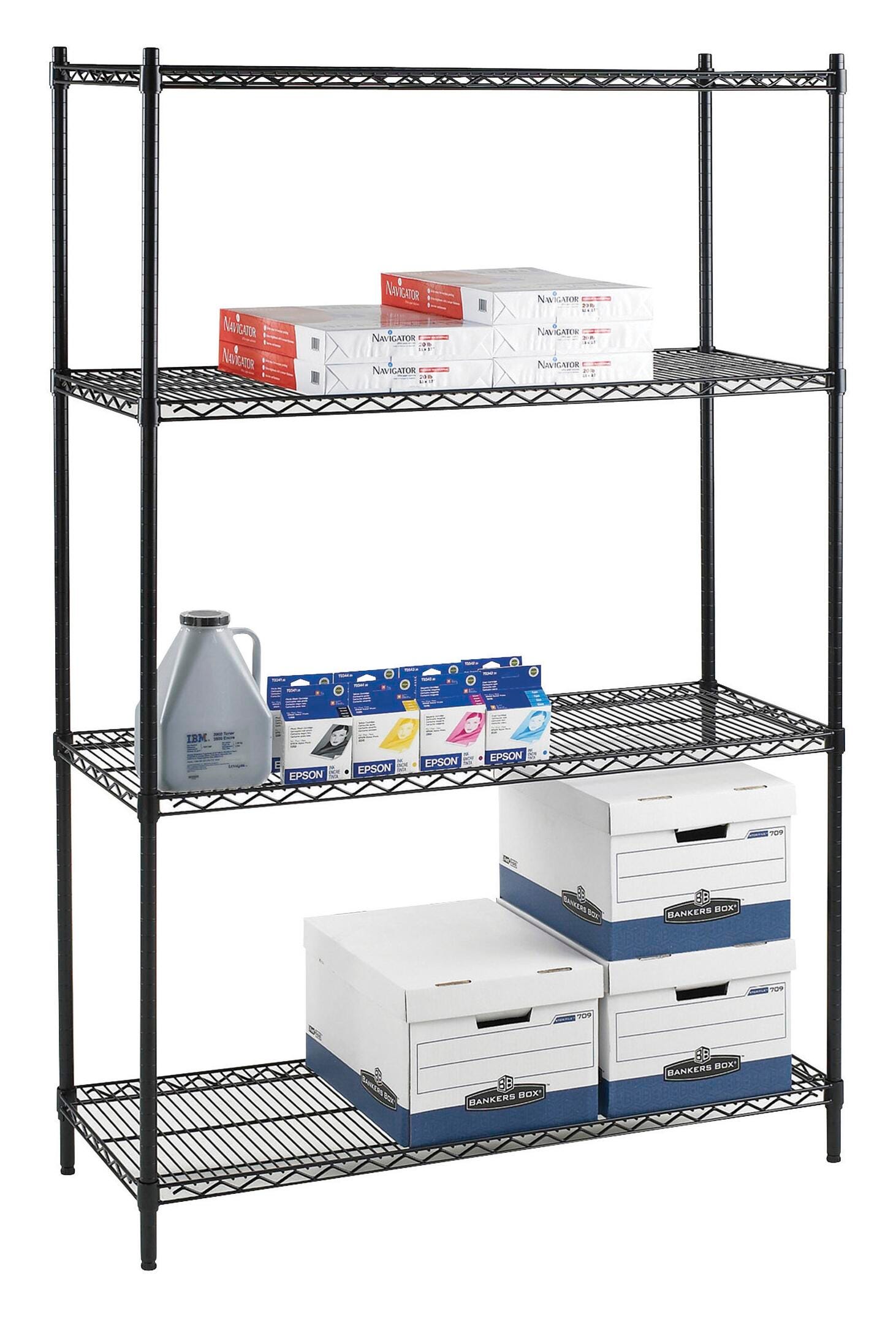 Lorell Industrial Black Wire Shelving Starter Unit, 4 Shelves/4 Posts, 48 x 24 x 72 Inches, Black, Item Number 1333379