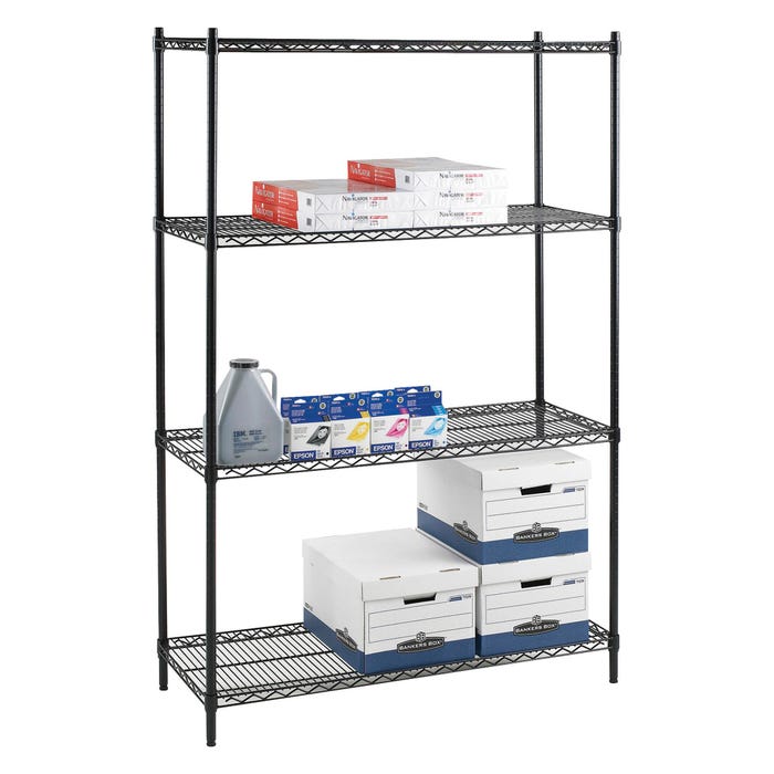 Lorell Industrial Black Wire Shelving Starter Unit, 4 Shelves/4 Posts, 48 x 24 x 72 Inches, Black