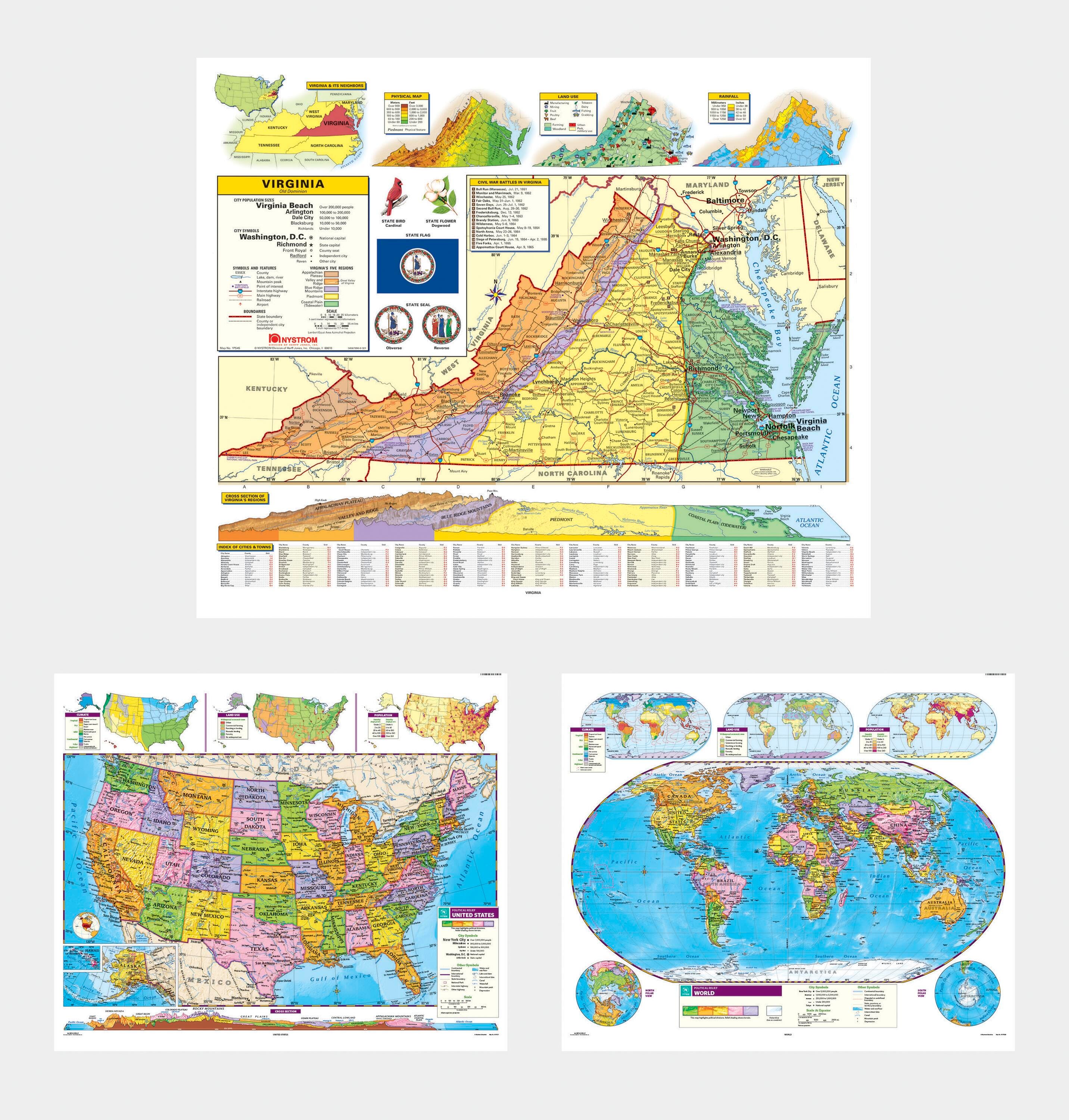 Social Studies VIRGINIA/U.S./WORLD MAP COMBO, Markable, Erasable, Grades 4-12, Item Number 1566330
