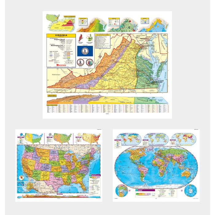 Social Studies VIRGINIA/U.S./WORLD MAP COMBO, Markable, Erasable, Grades 4-12