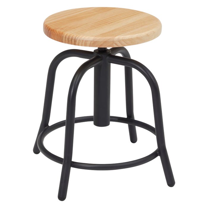 National Public Seating 6800 Designer Stool, 18- to 25-Inch Adjustable Seat Height, Wooden Seat, Black Frame