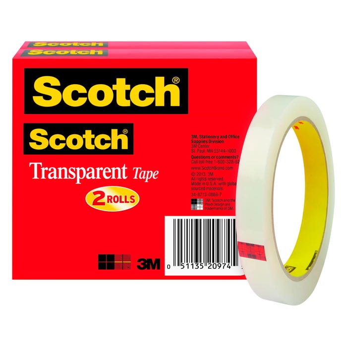 Scotch 600 Transparent Tape, 0.50 x 2592 Inch, 3 Inch Core, Glossy Finish, Pack of 2