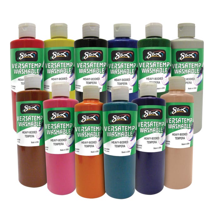 Sax Versatemp Washable Heavy-Bodied Tempera Paint, 1 Pint Bottles, Assorted Colors, Set of 12