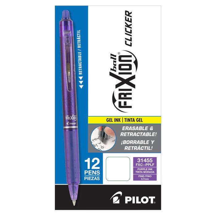Pilot FriXion Clicker Erasable Gel Ink Pens, Fine Point, Purple Ink, Pack of 12