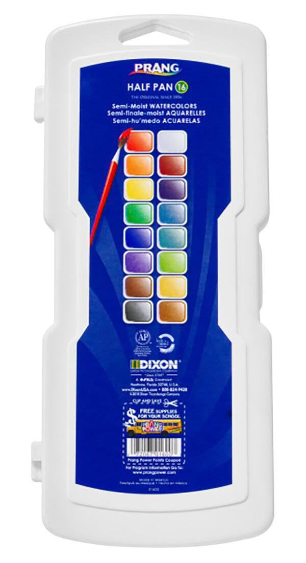 Prang Non-Toxic Semi-Moist Wax-Free Watercolor Paint, Plastic Half Rectangular Pan, 16 Assorted Colors 001350