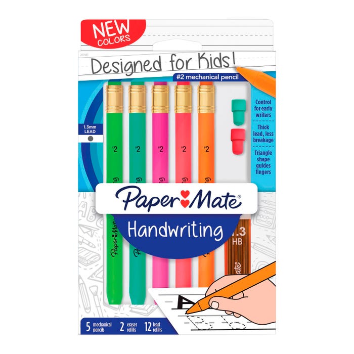 Paper Mate Handwriting Triangular Mechanical Pencils, 1.3 mm, No 2 Lead, Assorted Barrel Colors, Set of 5