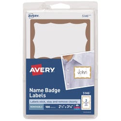 Avery Adhesive Name Badges, 2-1/3 x 3-3/8 Inches, Gold Border, Pack of 100, Item Number 1054558