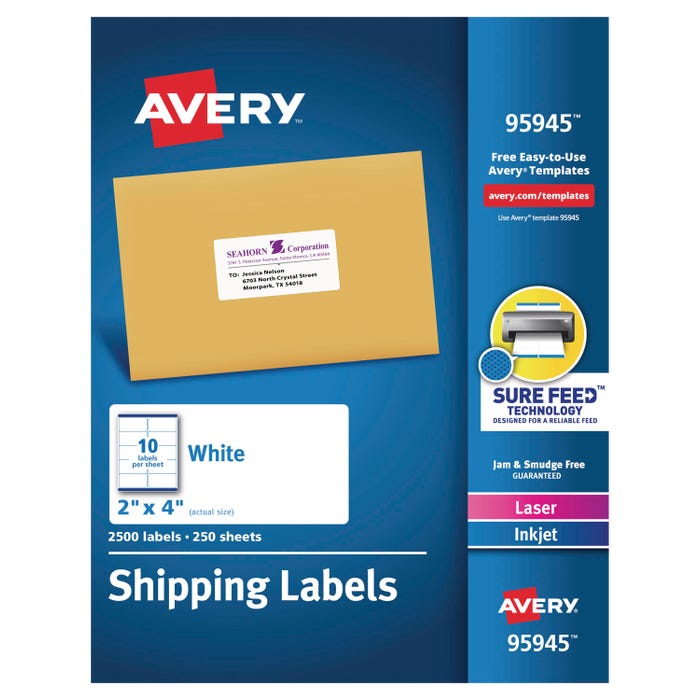 Avery Bulk Shipping Labels, 2 x 4 Inches, White, Pack of 2500