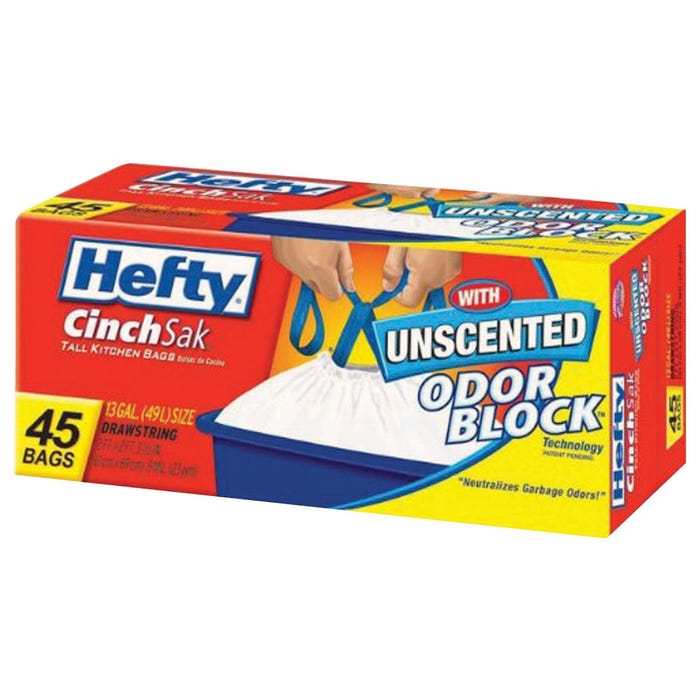Hefty CinchSak Drawstring Tall Trash Bags, 13 Gallon, Odor Block, White, 45 Count Box