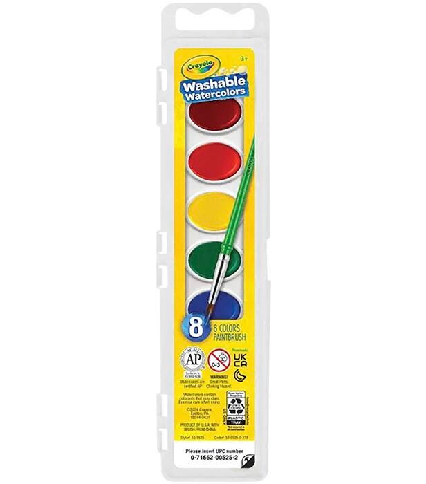 Crayola Watercolor Paint Set, Plastic Square Pan, 8 Assorted Colors, Item Number 008190