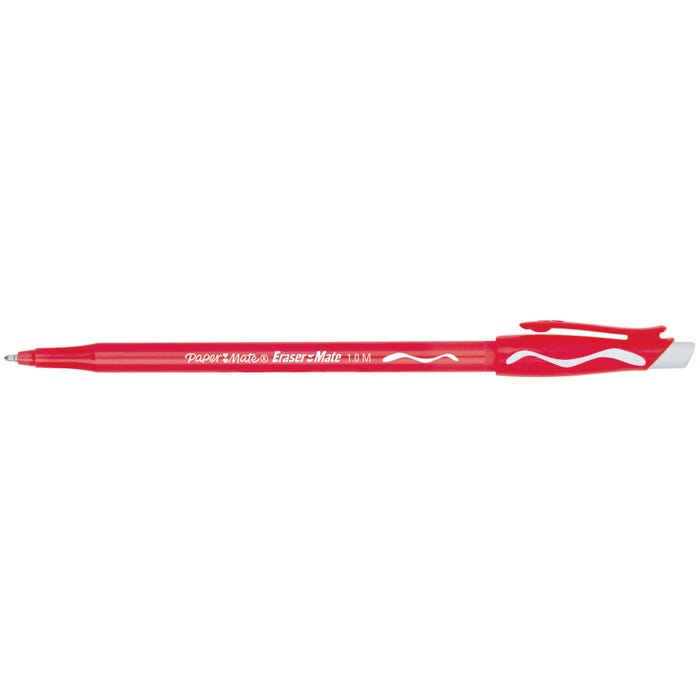 Paper Mate EraserMate Ballpoint Pens, Medium Point, 1.0 mm, Red, Pack of 12