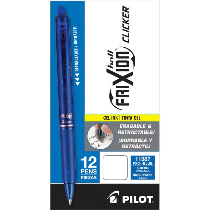 Pilot FriXion Clicker Erasable Gel Ink Pens, Bold Point, Blue Ink, Pack of 12
