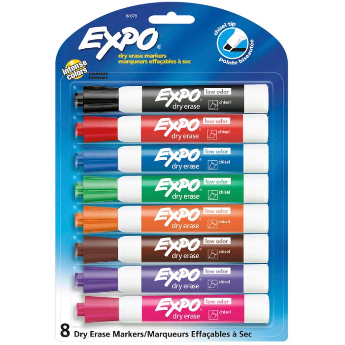 EXPO Low Odor Dry Erase Markers, Chisel Tip, Assorted Colors, Set of 8