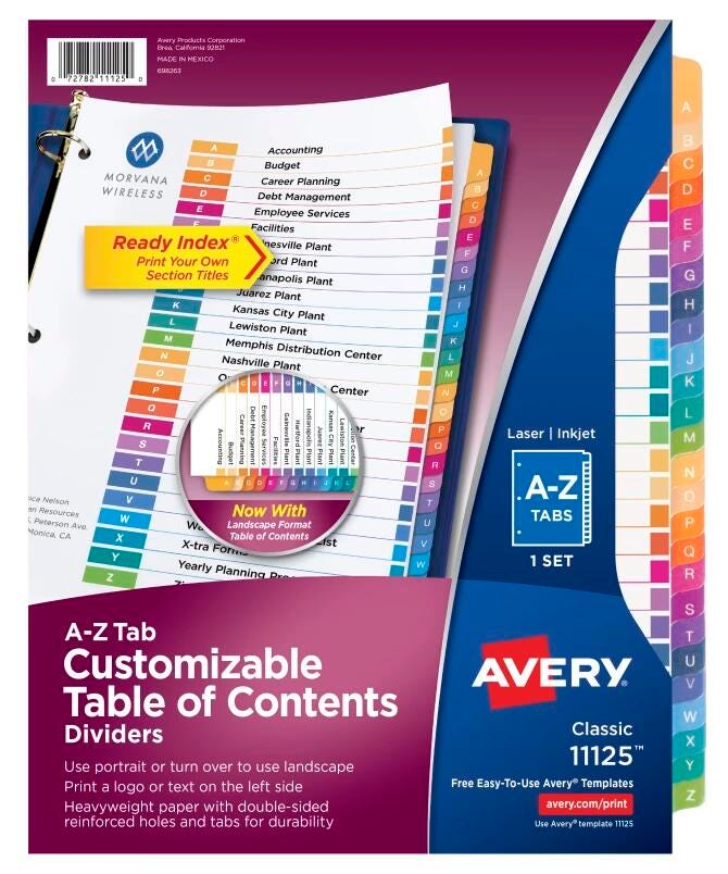 Avery Ready Index Dividers, 26 Tab, A-Z, Assorted Colors, 1 Set 078526
