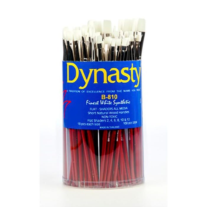 Dynasty Brush B-810 Finest White Synthetic Classroom Brushes in Cylinder, Flat Type, Short Handle, Assorted Sizes, Set of 108