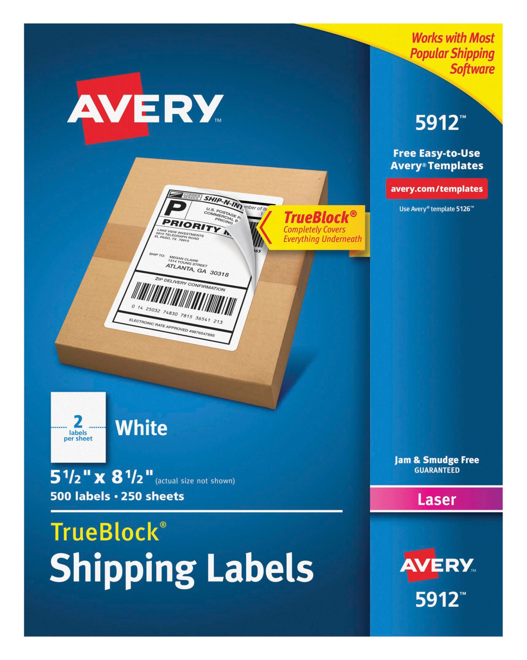 Avery TrueBlock Shipping Labels, Laser, 5-1/2 x 8-1/2 Inches, White, Pack of 500 1499257
