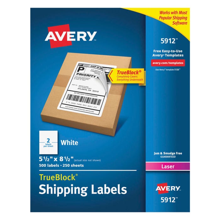 Avery TrueBlock Shipping Labels, Laser, 5-1/2 x 8-1/2 Inches, White, Pack of 500