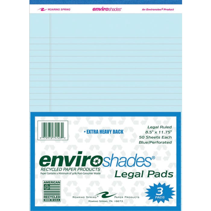 Enviroshades Legal Pads, 8-1/2 x 11-3/4 Inches, Blue, 50 Sheets, Pack of 3