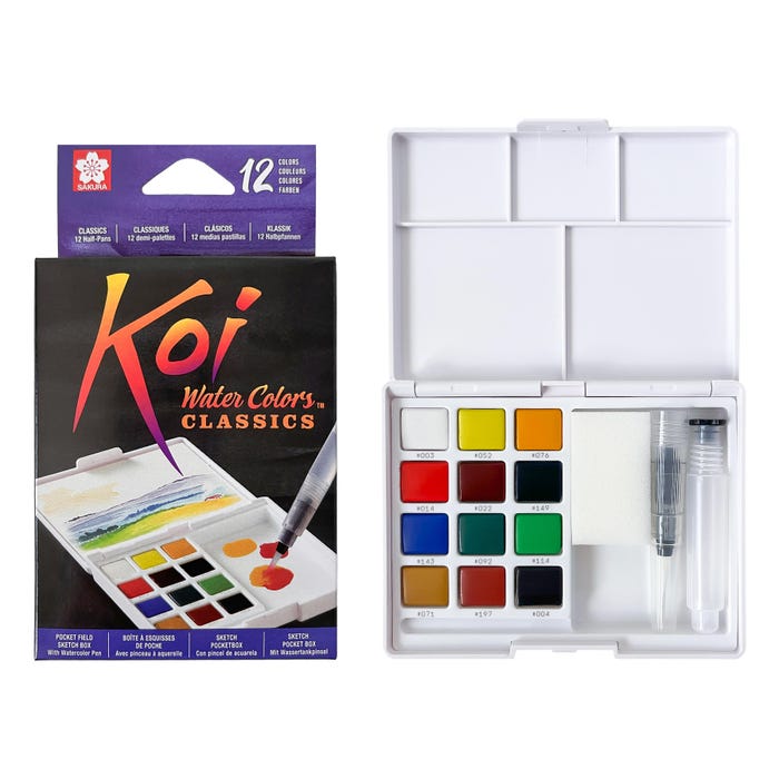 Sakura Koi Watercolors Pocket Field Sketch Box, Set of 12 Colors with Brush