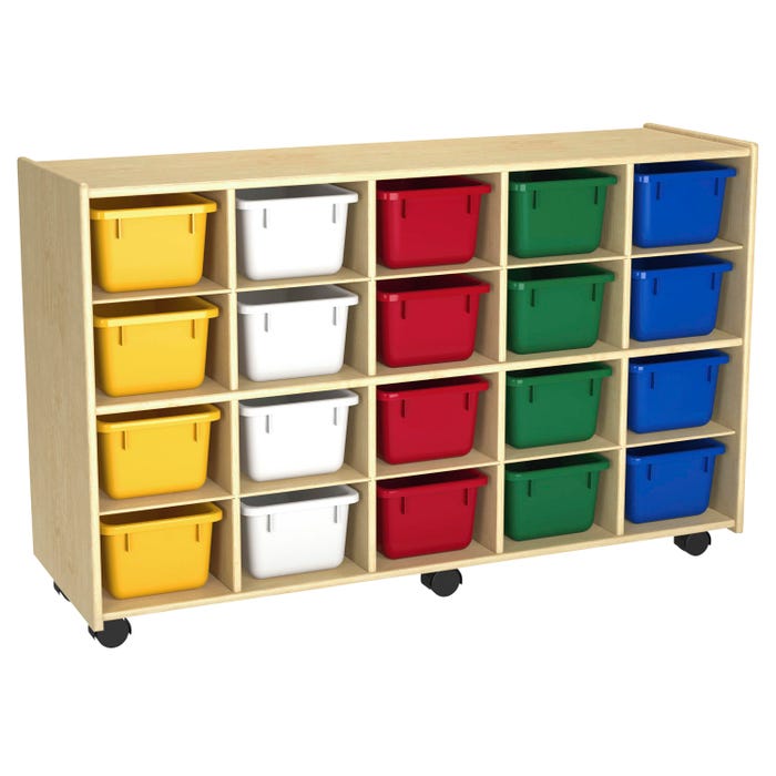 Childcraft Mobile Cubby Unit with Locking Casters, 20 Primary-Color Bins, 47-3/4 x 14-1/4 x 30 Inches