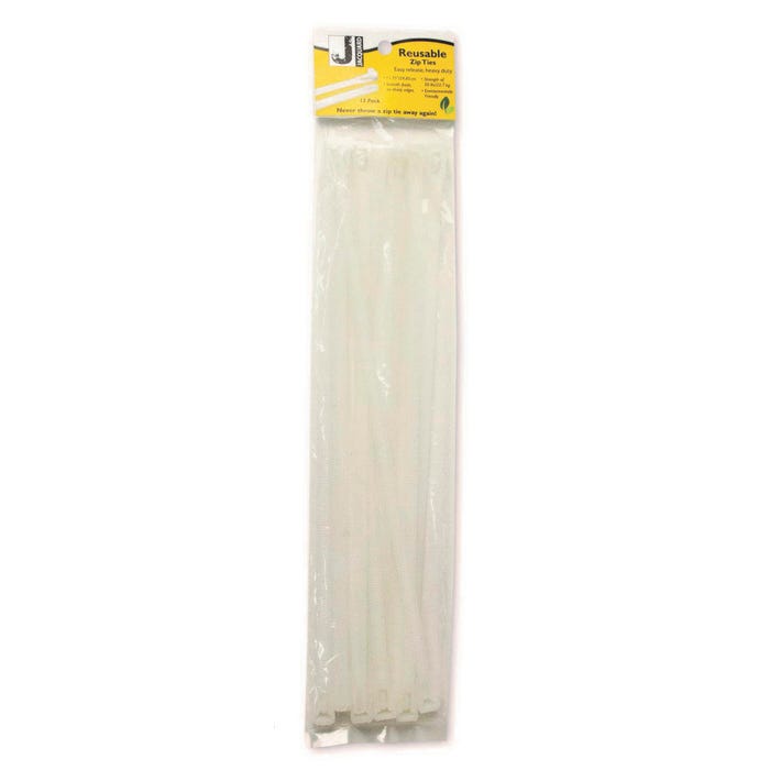 Jacquard Reusable Zip Ties, 11-3/4 Inches Long, White, Pack of 100